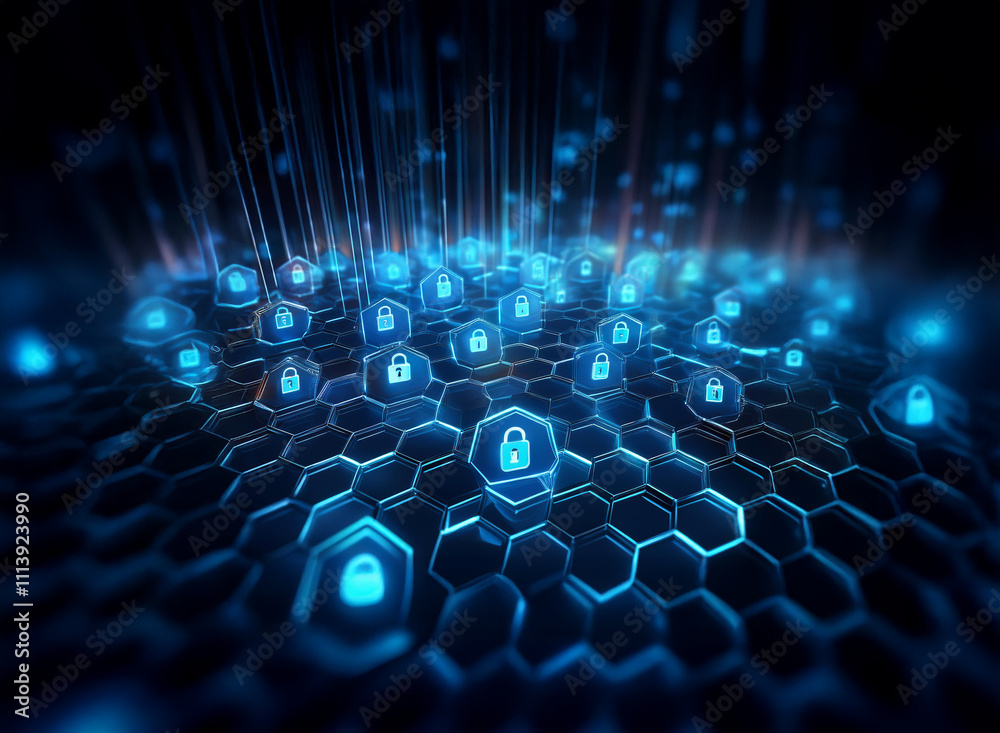 Poster abstract digital illustration of a futuristic honeycomb network with glowing blue padlock icons, sym