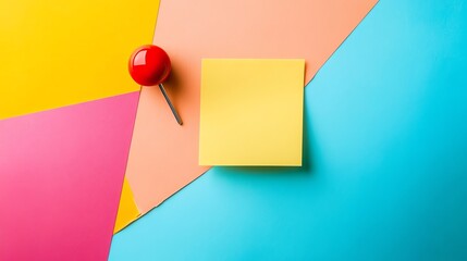 A yellow sticky note with a red push pin on a colorful background of purple, pink, and blue.