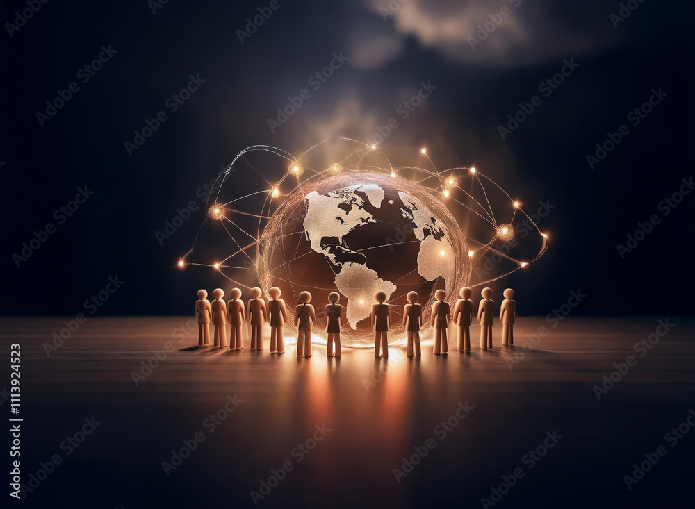 Poster A glowing Earth encircled by a network of connections, observed by a circle of small figures.  This symbolizes global unity and interconnectedness.