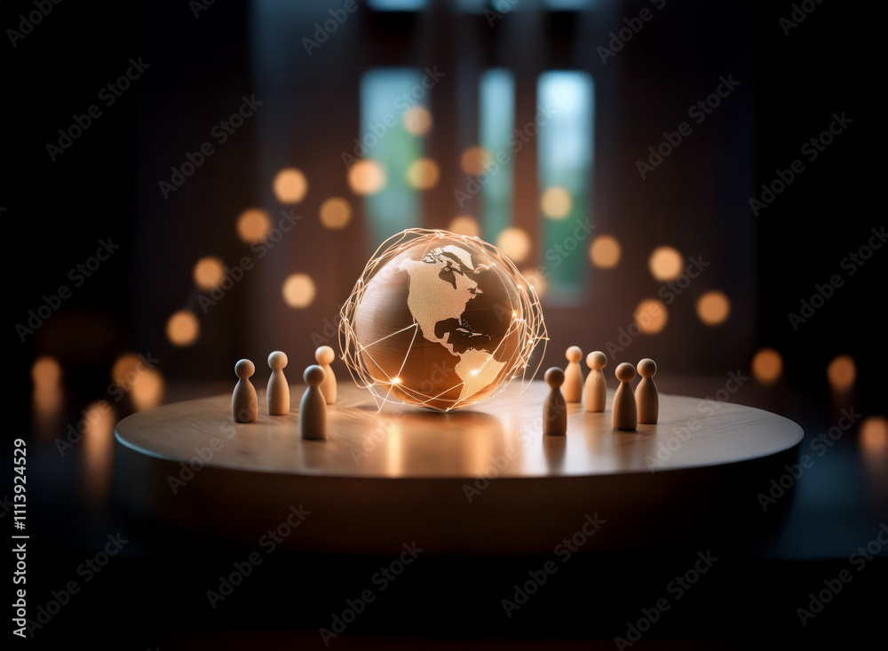 Aufkleber A glowing globe encircled by interconnected lines sits on a wooden platform, surrounded by small figurines, symbolizing global connection and community.  Soft, warm lighting enhances the scene.