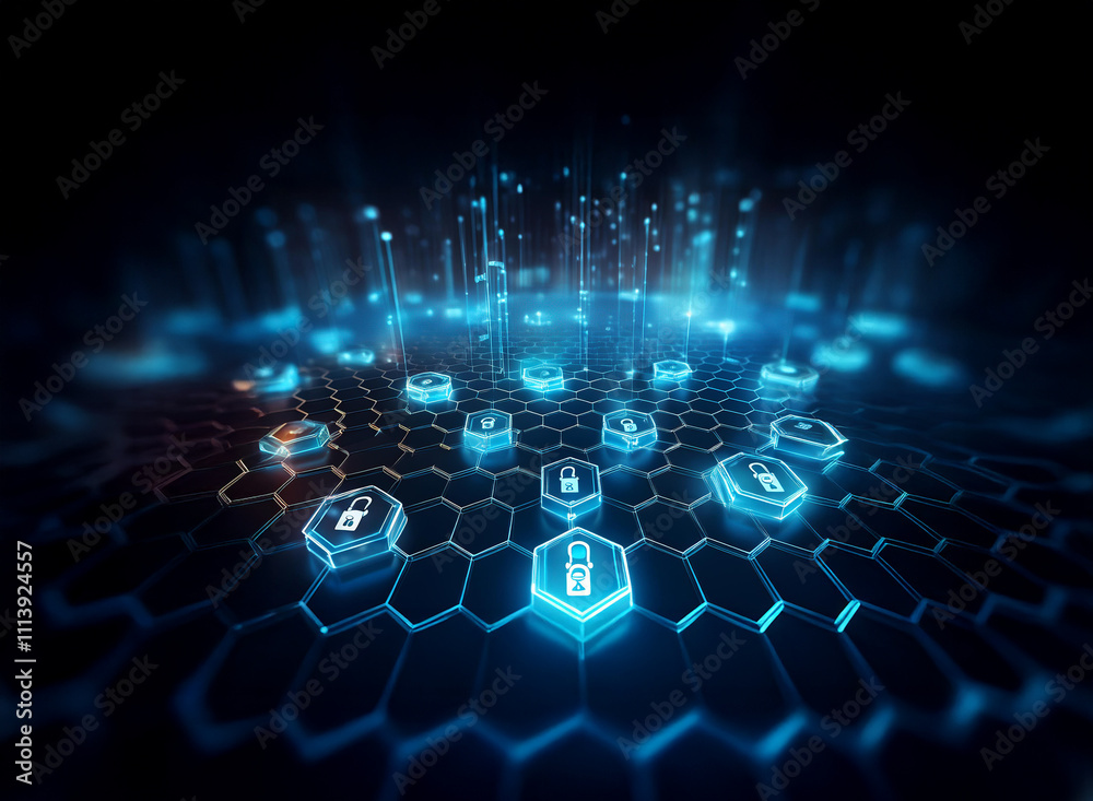 Leinwandbilder abstract digital security concept. hexagonal grid displays glowing blue padlock icons, representing 