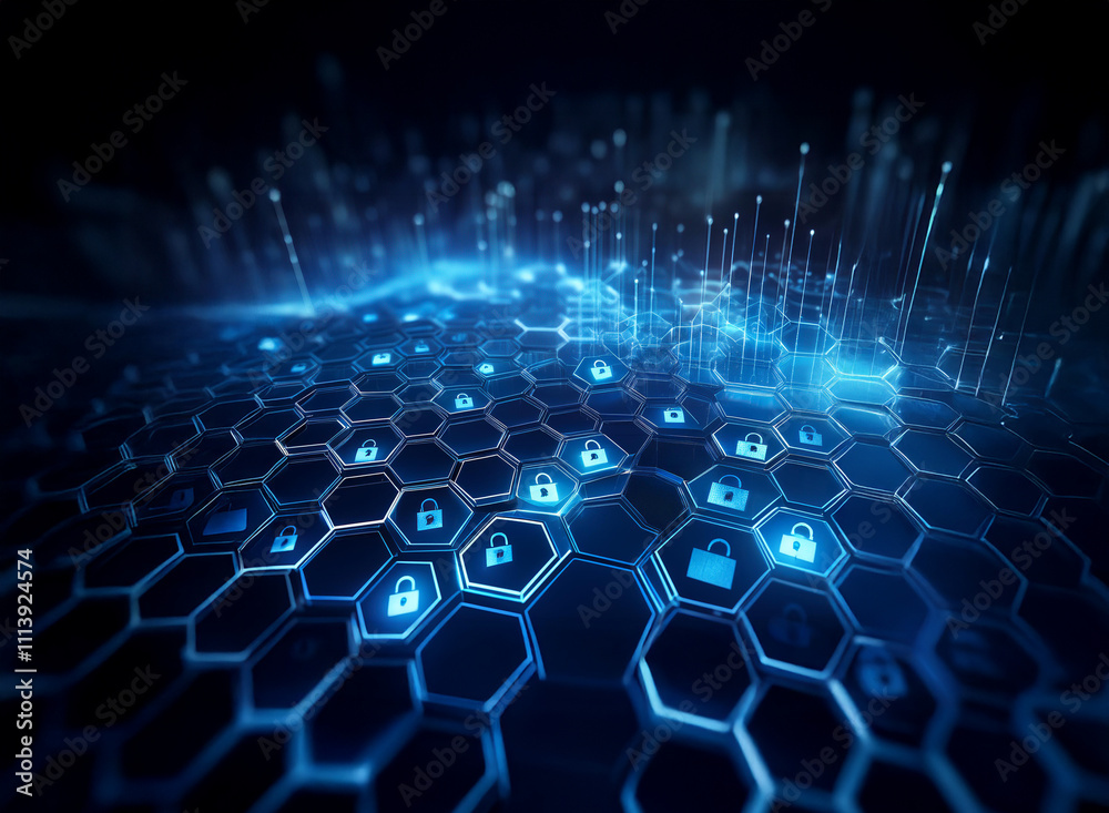 Poster abstract digital landscape of glowing blue hexagons, each containing a padlock icon, representing cy
