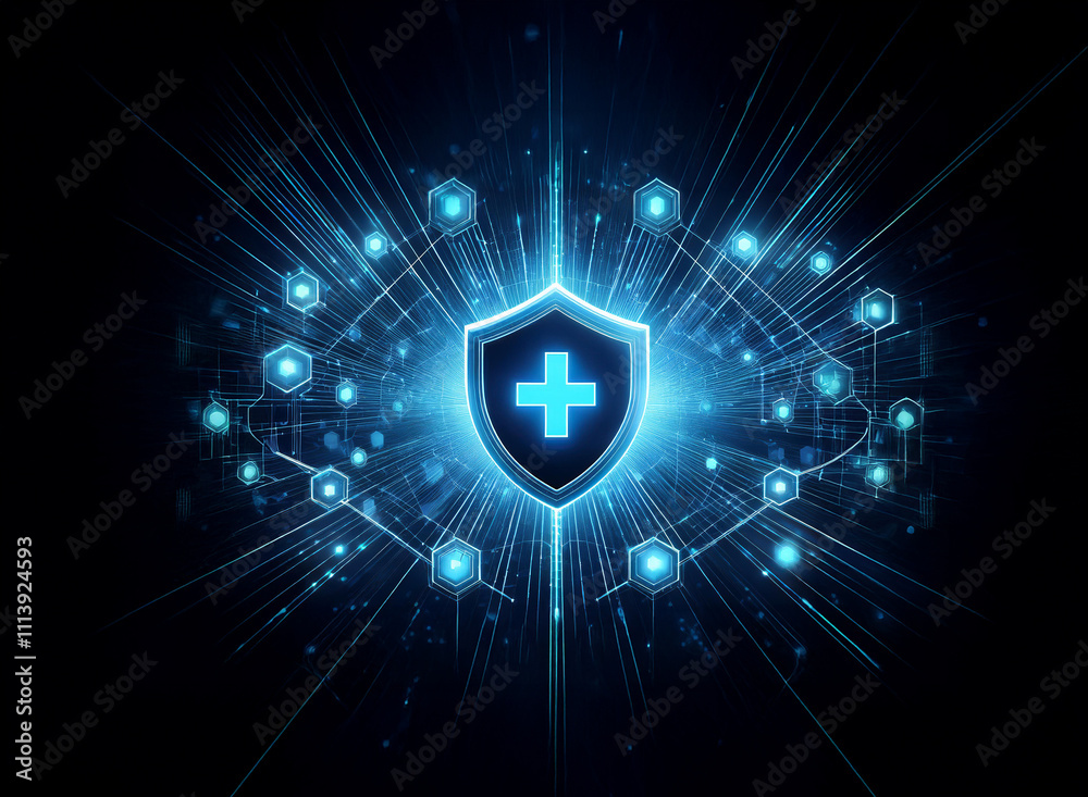 Aufkleber A glowing blue shield with a cross at its center, surrounded by a futuristic digital array of light streaks and hexagons, symbolizes digital health security.