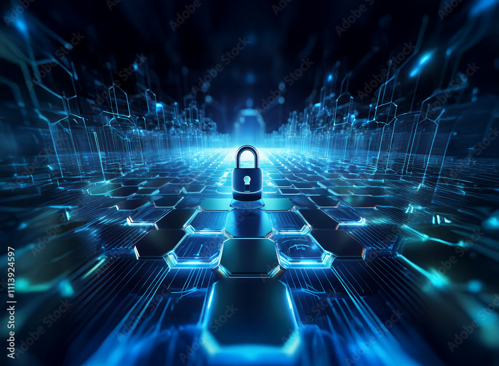 Aufkleber a digital padlock sits at the center of a glowing, abstract circuit board, symbolizing cybersecurity