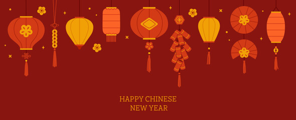 Naklejka premium Chinese new year banner with hanging asian lanterns. Hand drawn vector illustration.