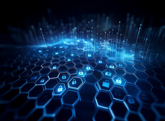 Obraz premium Abstract digital landscape of glowing blue hexagons, each containing a padlock icon, representing cybersecurity and data protection in a network.