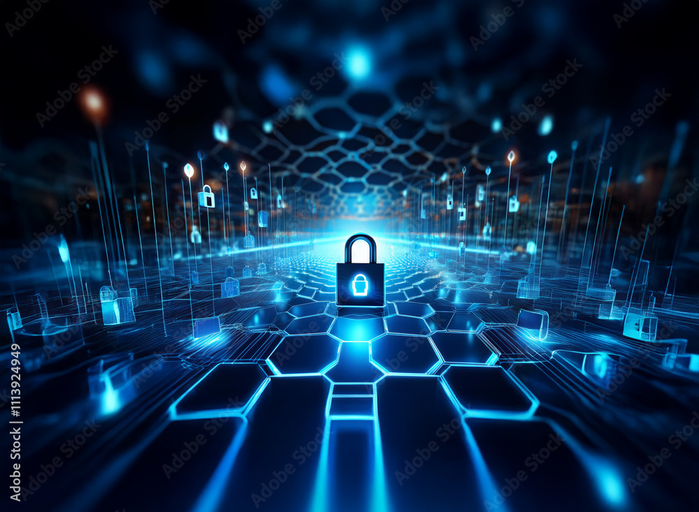 Aufkleber a glowing blue digital landscape with a padlock at its center, representing cybersecurity and data p