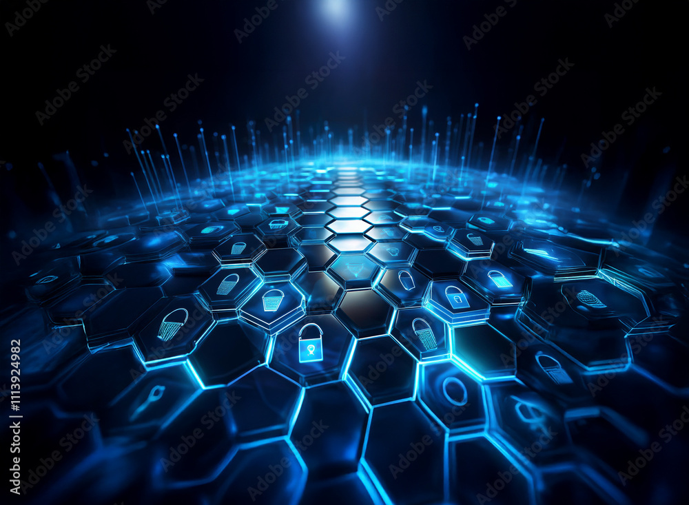 Leinwandbilder abstract digital landscape of glowing blue hexagons, forming a pathway. each hexagon displays a padl