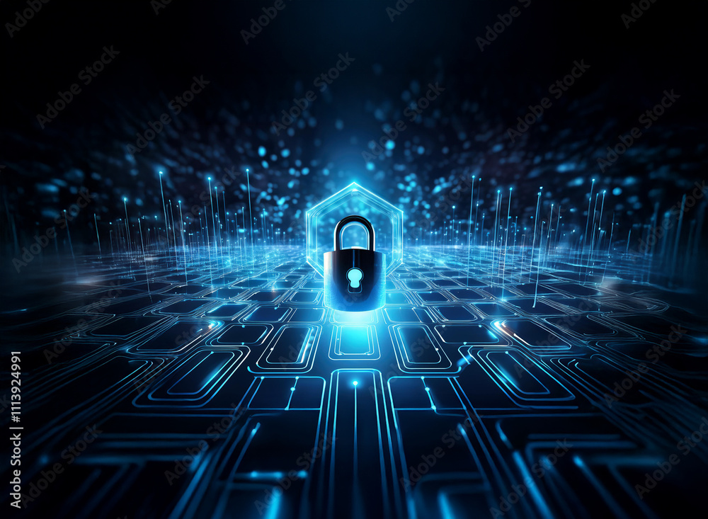 Aufkleber cybersecurity concept: a glowing padlock sits within a digital home, protected by a network of lines