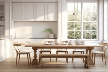 Fototapeta premium 3d rendering white scandinavian style wood kitchen and dining room 