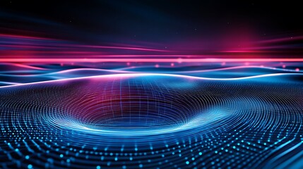 Futuristic Abstract Landscape with Glowing Waves and Light Trails in a Digital World of Colors and Patterns