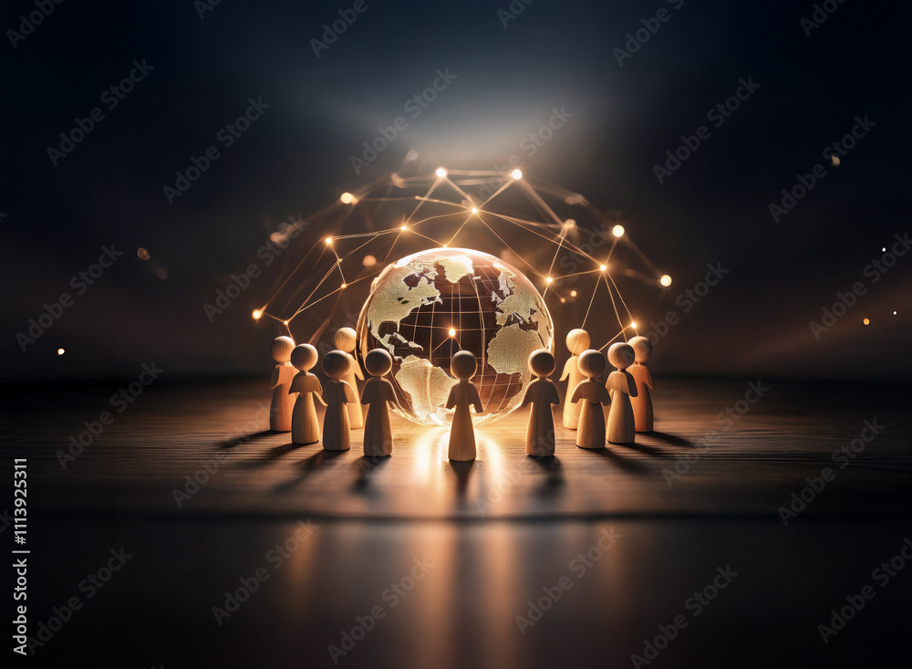 Aufkleber A glowing earth encircled by interconnected figures symbolizes global unity and network collaboration.  The scene is dark, highlighting the illuminated globe and figures.