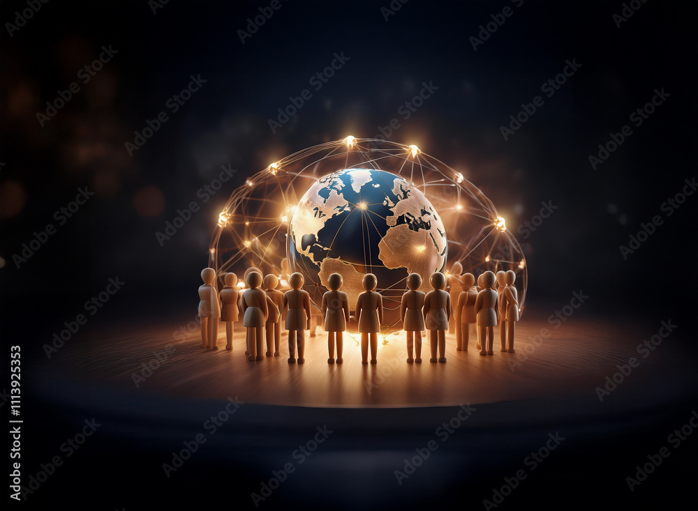 Aufkleber A glowing Earth encircled by a network of light, surrounded by a circle of interconnected figures, symbolizing global unity and connection.