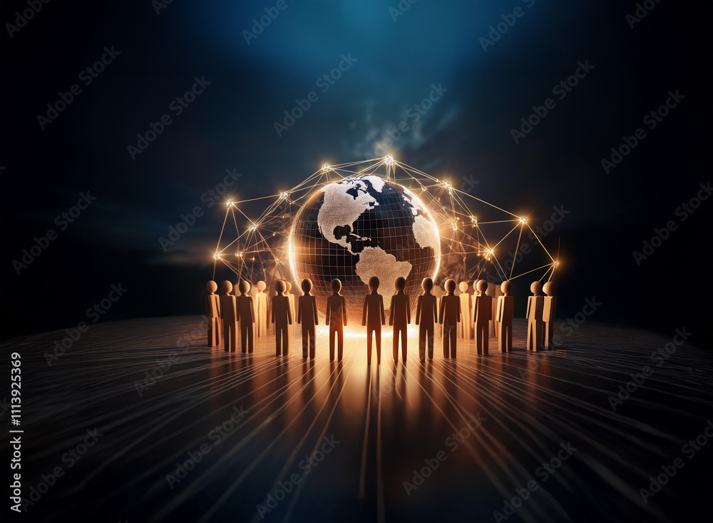 Poster a glowing earth encircled by a network of connections, surrounded by a ring of figures representing 