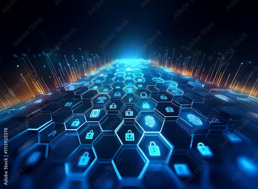 Aufkleber Abstract digital landscape.  Glowing hexagonal grid with security icons.  Represents cybersecurity and data protection.  Futuristic network concept.