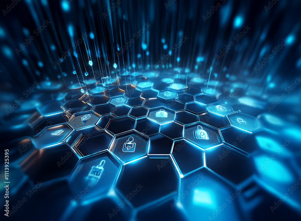 Aufkleber abstract digital landscape. glowing blue hexagons form a grid, showcasing various data icons. data s