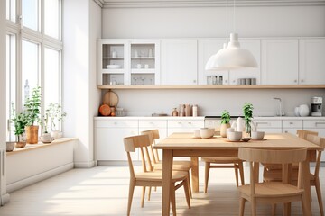 3d rendering white scandinavian style wood kitchen and dining room
