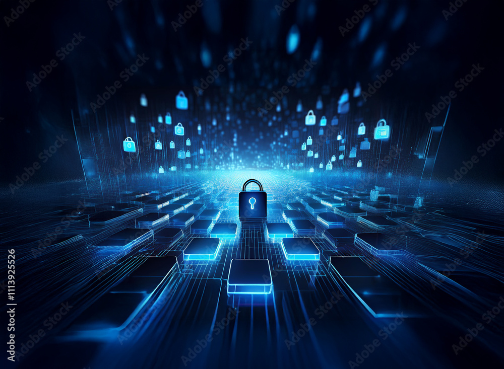 Poster A glowing padlock sits at the center of a digital landscape, surrounded by a futuristic array of illuminated cubes and falling lock icons, symbolizing digital security and data protection.