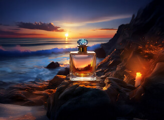 A luxurious perfume bottle rests on dark rocks at sunset, the ocean waves crashing nearby.  A candle glows softly, enhancing the scene's dramatic beauty.