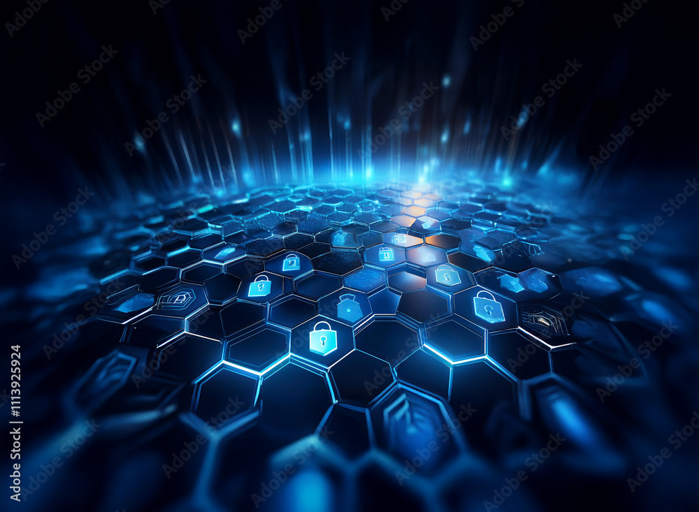 Aufkleber abstract digital illustration of a glowing hexagonal grid with security lock icons, representing cyb