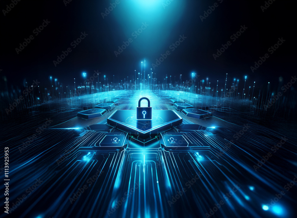 Aufkleber a glowing blue padlock rests on a futuristic, circuit-board-like surface, symbolizing digital securi