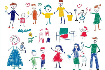 Colorful crayon drawing of diverse people and activities, including children, adults, and pets, expressing joy and creativity