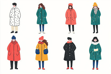 Illustration of eight people in colorful winter coats, each with unique styles and accessories, standing in row
