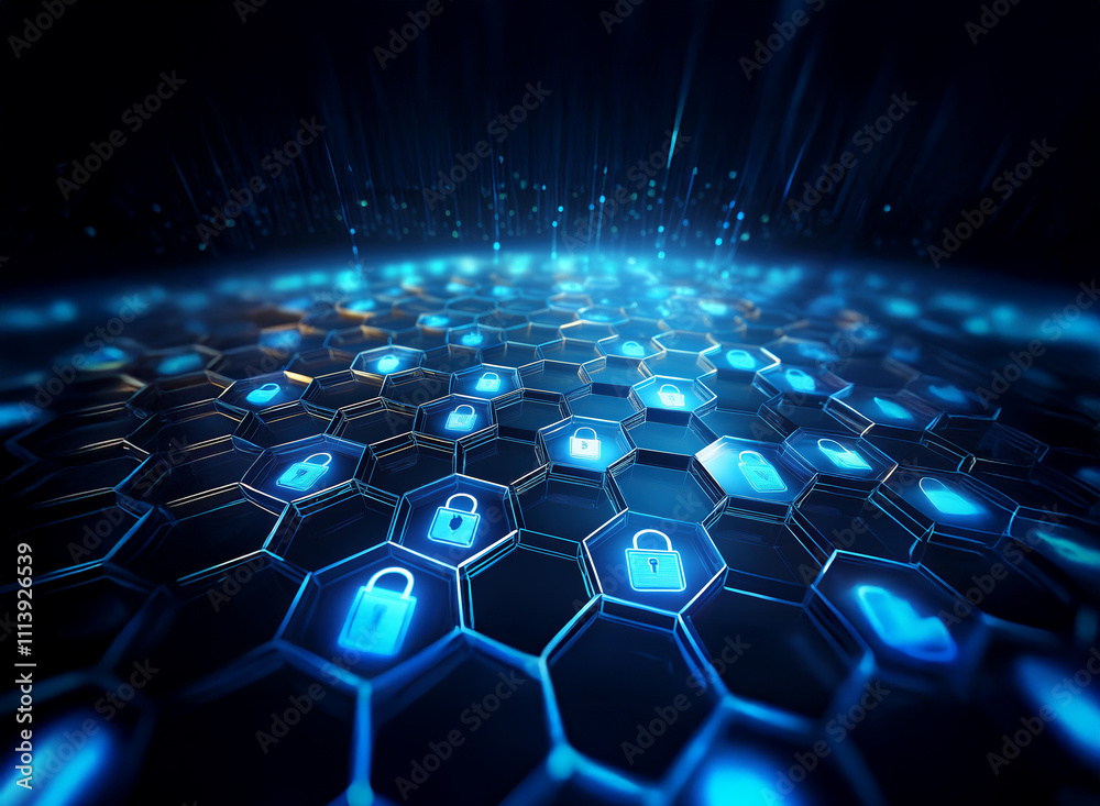 Fototapete abstract digital landscape of glowing blue hexagons, each containing a padlock icon, representing cy