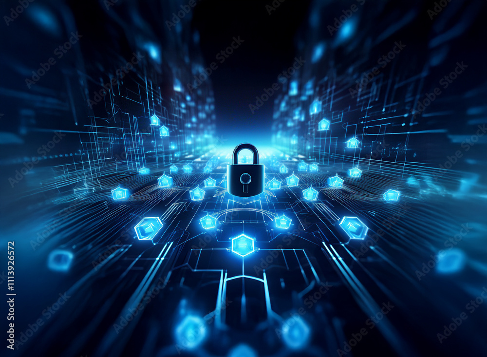 Leinwandbilder a digital padlock secures a network of glowing blue hexagons along a futuristic data highway, symbol