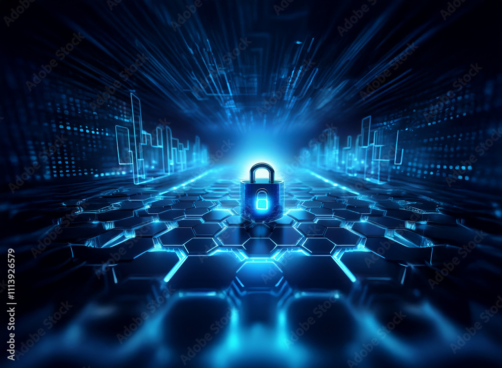 Aufkleber a glowing blue padlock sits at the center of a digital highway, symbolizing cybersecurity in a futur