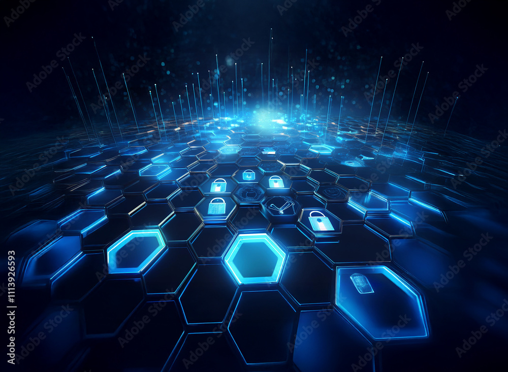 Poster abstract digital landscape of glowing blue hexagons, each containing a padlock icon, symbolizing cyb