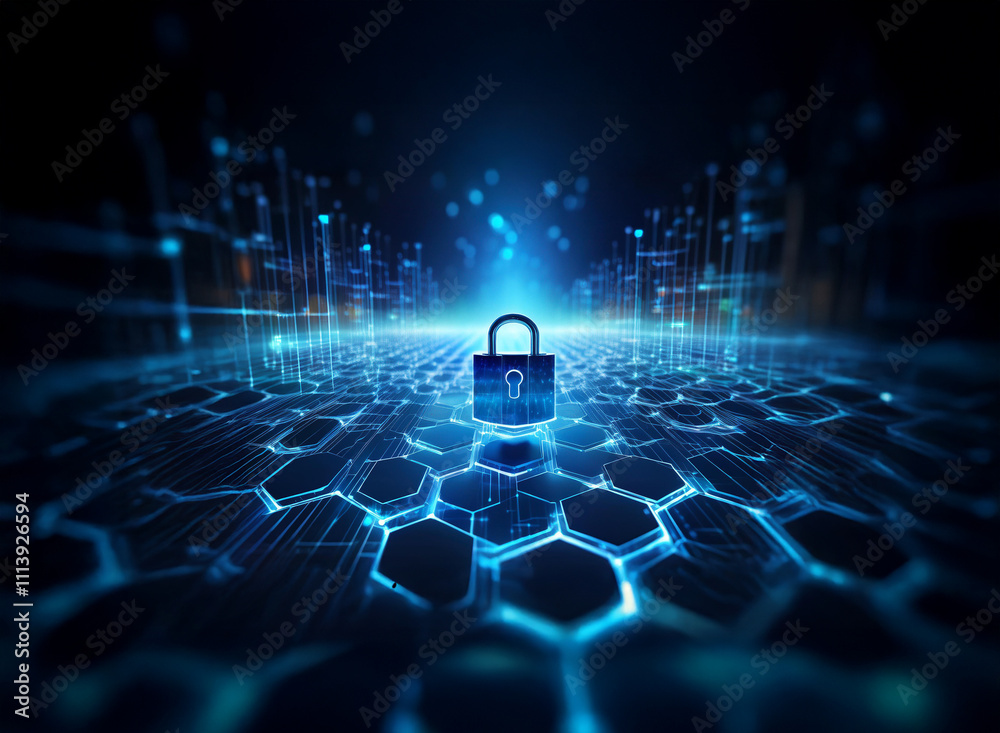 Poster a glowing blue padlock sits atop a futuristic, hexagonal grid, representing digital security and dat