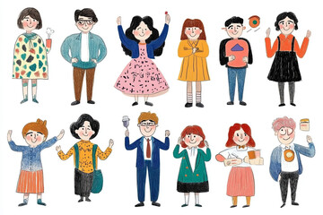 diverse group of cheerful cartoon characters in colorful outfits, each expressing unique personalities and styles