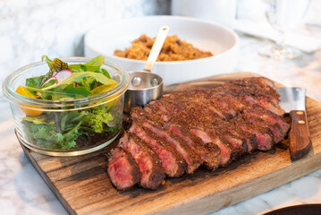 Japanese Wagyu steak with salad and fat beef fried rice