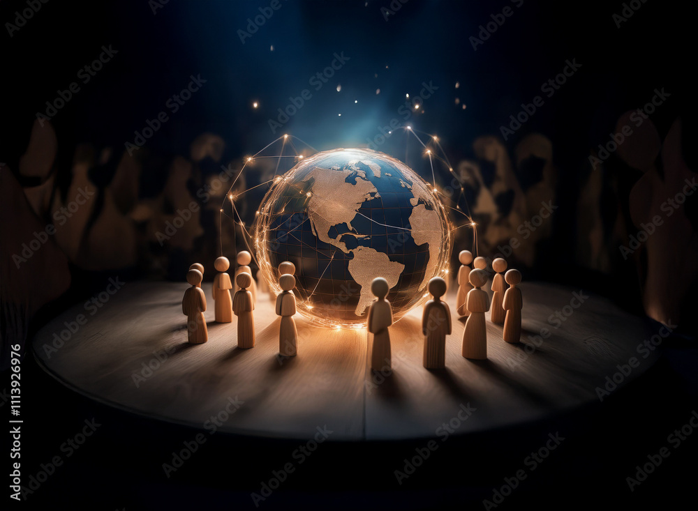 Poster A glowing Earth encircled by interconnected nodes, surrounded by small wooden figures on a circular platform, symbolizes global connection and community.