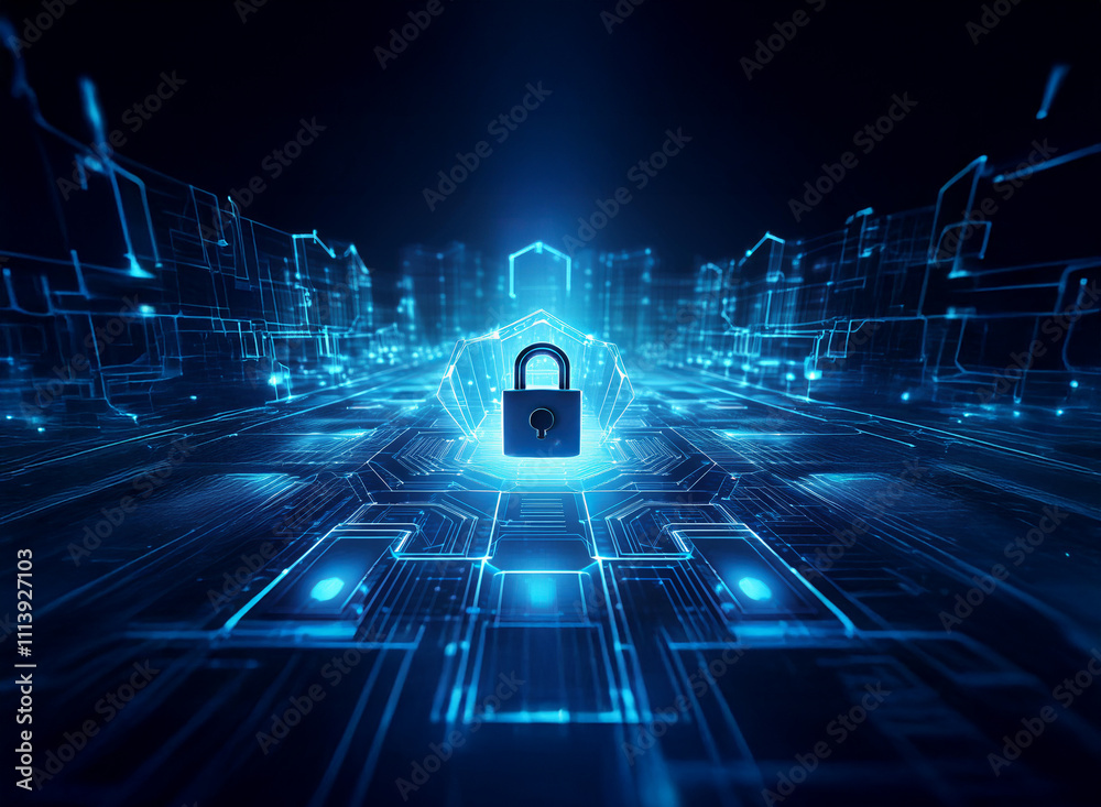 Leinwandbilder a glowing blue padlock sits at the center of a digital cityscape, symbolizing cybersecurity and data