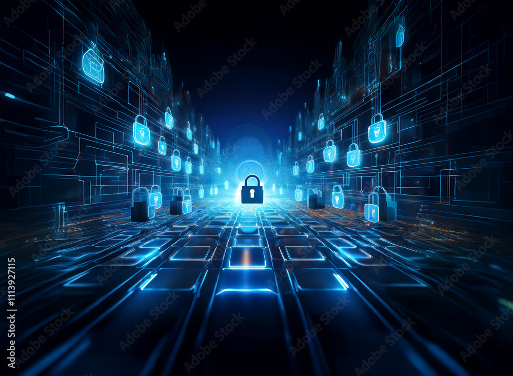 Aufkleber Abstract digital landscape depicting a glowing pathway lined with numerous padlock icons, symbolizing cybersecurity and data protection.  The scene evokes a sense of secure digital space.