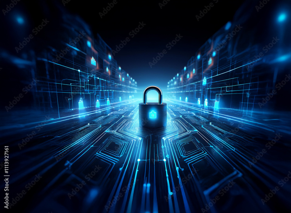 Poster a glowing padlock sits at the center of a digital highway, symbolizing cybersecurity and data protec