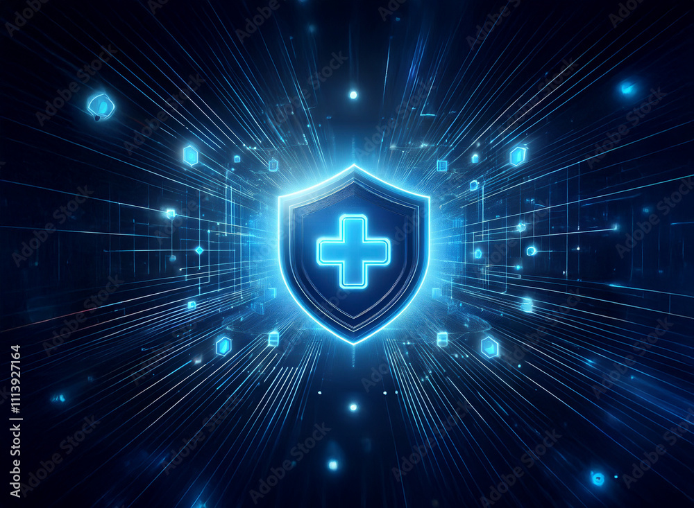 Poster glowing blue shield with a plus sign at its center, surrounded by radiating lines and digital elemen