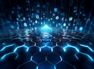 Obraz premium Abstract digital landscape: a glowing blue hexagonal grid converges towards a bright apex, from which streams of data icons descend. The scene evokes concepts of data flow, technology, and digital co