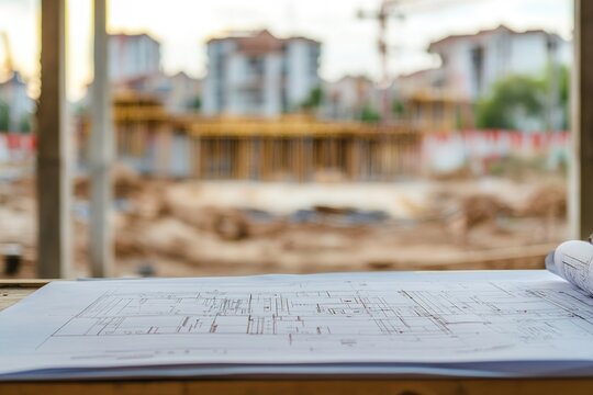 Blueprint on table with construction site in background