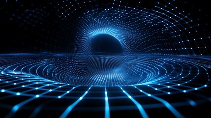Fototapeta premium Futuristic Blue Grid Tunnel with Glowing Lights and Depth Perception in Abstract Digital Environment
