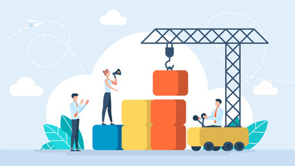 Crane building blocks. Business graphic, company is engaged in joint construction of column graphs, rise career to success. The path to the target's achievement. Vector illustration