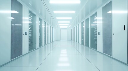 A clean, white server room with rows of black servers lit with bright white lights.
