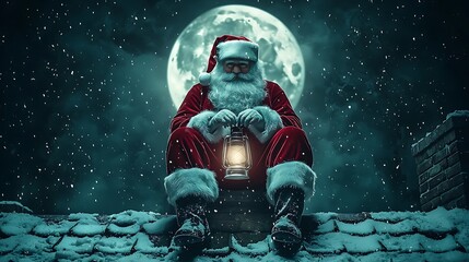 Fototapeta premium Christmas Eve Santa Claus on Rooftop Snow Moon Lantern