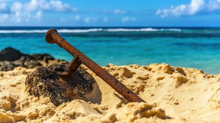 Ancient harpoon resting on sandy beach, partially buried with weathered wooden handle and rusted metal tip, evoking historical maritime heritage and archaeological significance.