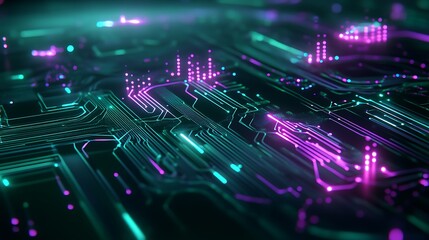 Obraz premium Futuristic Circuit Board Design with Neon Colors and Digital Patterns for Technology Background Visuals