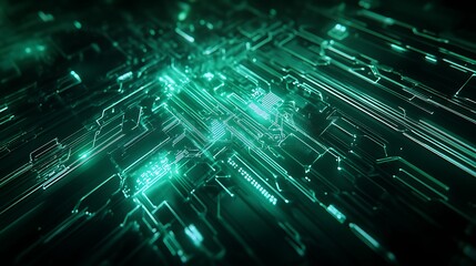 Obraz premium Futuristic Circuit Board with Neon Green Glow and Technology Elements in Abstract Digital Environment