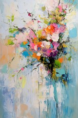 Vibrant Abstract Floral Painting with Colorful Blooms on Soft Blue Background - Modern Art Wall Decor for Home and Office Spaces