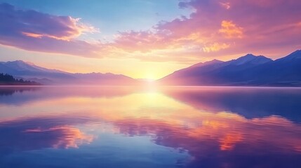 Serene Sunset Over Mountain Lake Reflection